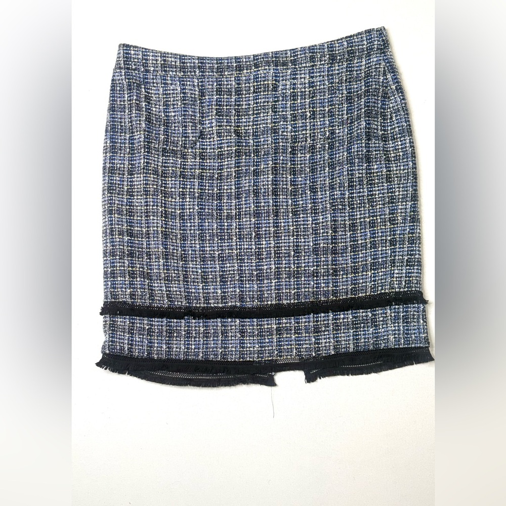 J. Crew Blue and Black Tweed Fringe Hem Career Preppy Pencil Skirt Size 20